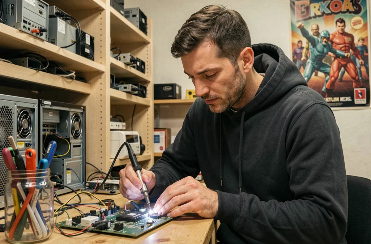 Technicien de Cyber Place à Firminy soudant un composant électronique sur une carte de circuit imprimé