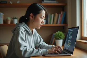 Jeune femme débutante apprenant le code HTML sur son ordinateur portable dans un bureau à domicile
