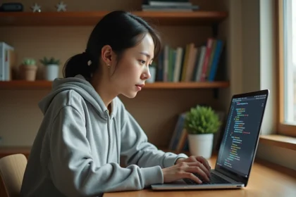 Jeune femme débutante apprenant le code HTML sur son ordinateur portable dans un bureau à domicile