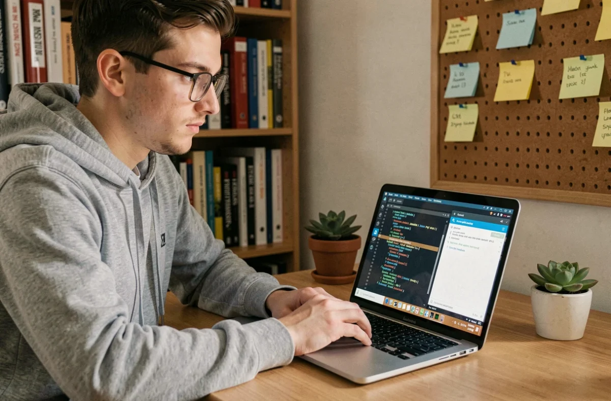 Développeur configurant TBS auth en ligne de commande sur un ordinateur portable dans un bureau à domicile