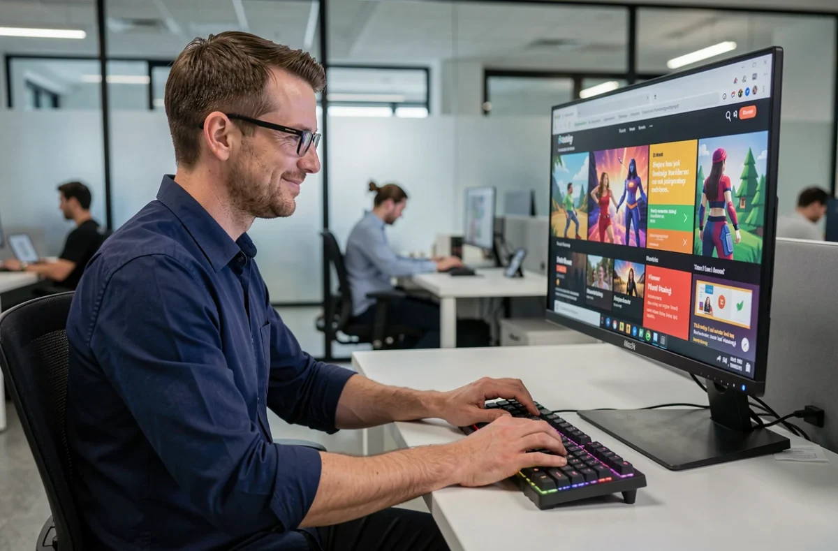 Développeur souriant dans un bureau moderne découvrant un easter egg caché dans le navigateur Google Chrome