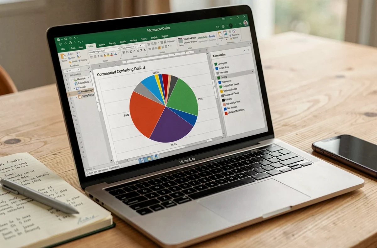 Écran d'ordinateur portable affichant un graphique camembert terminé dans Excel en ligne avec légende colorée