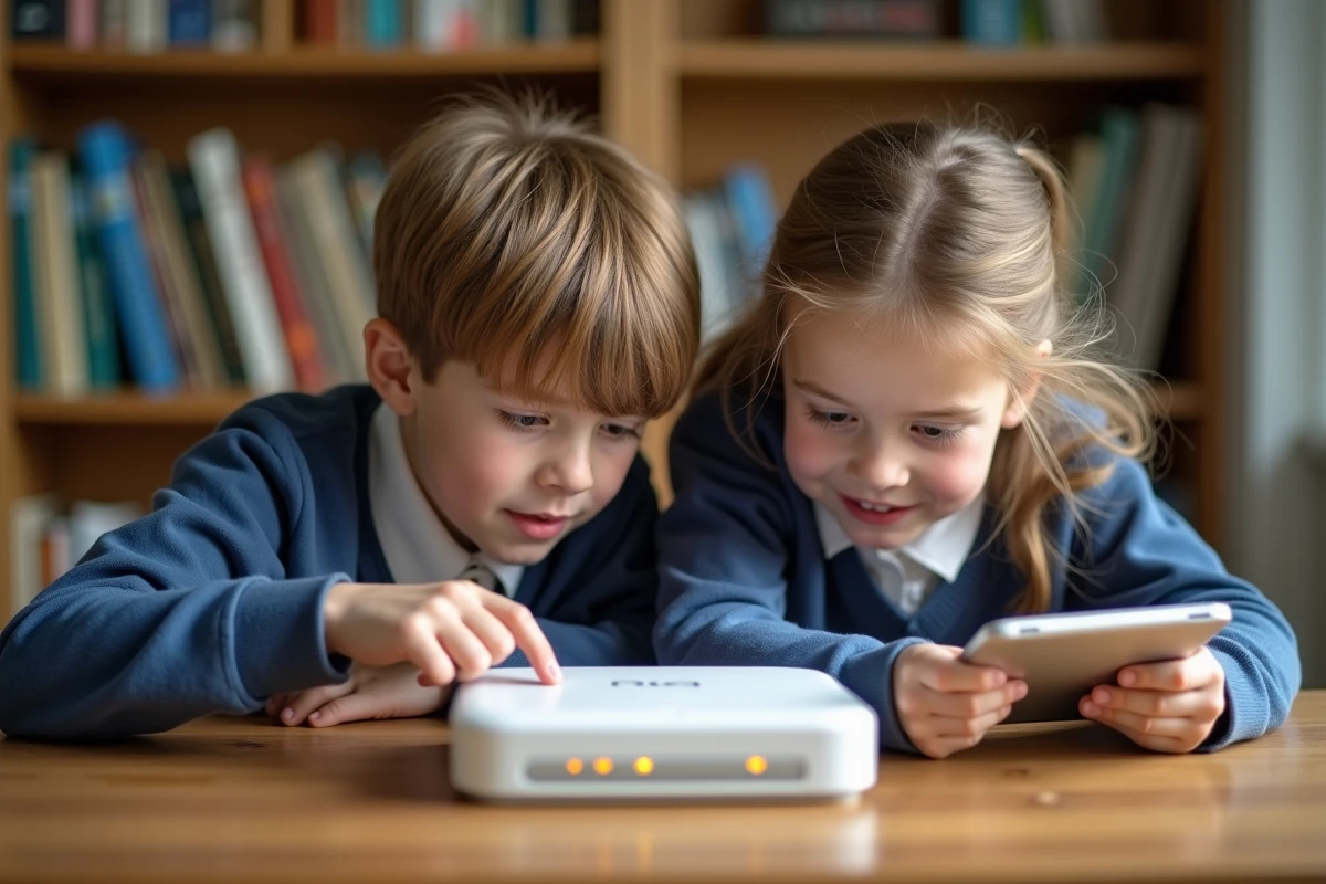 Enfants en uniforme scolaire cherchant le code WiFi sur un routeur Bbox posé sur un bureau à la maison