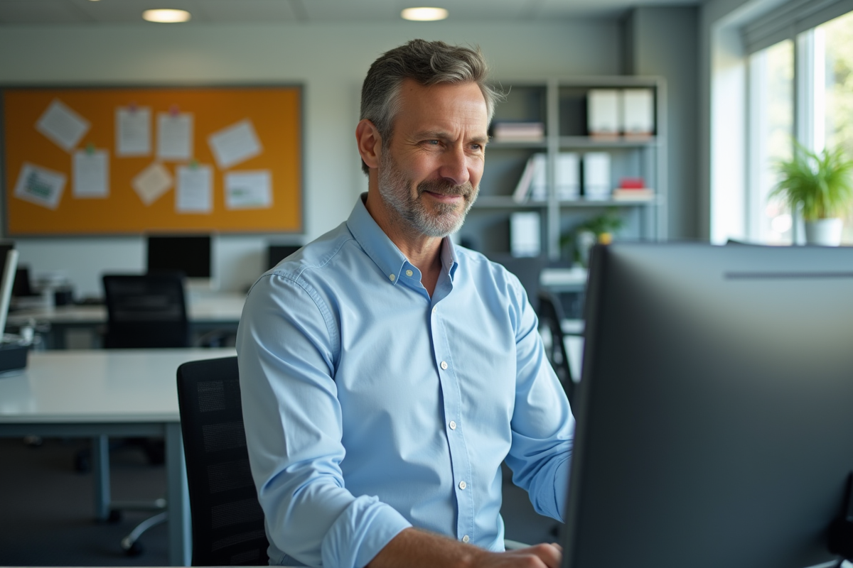 Enseignant homme en bureau scolaire avec ordinateur