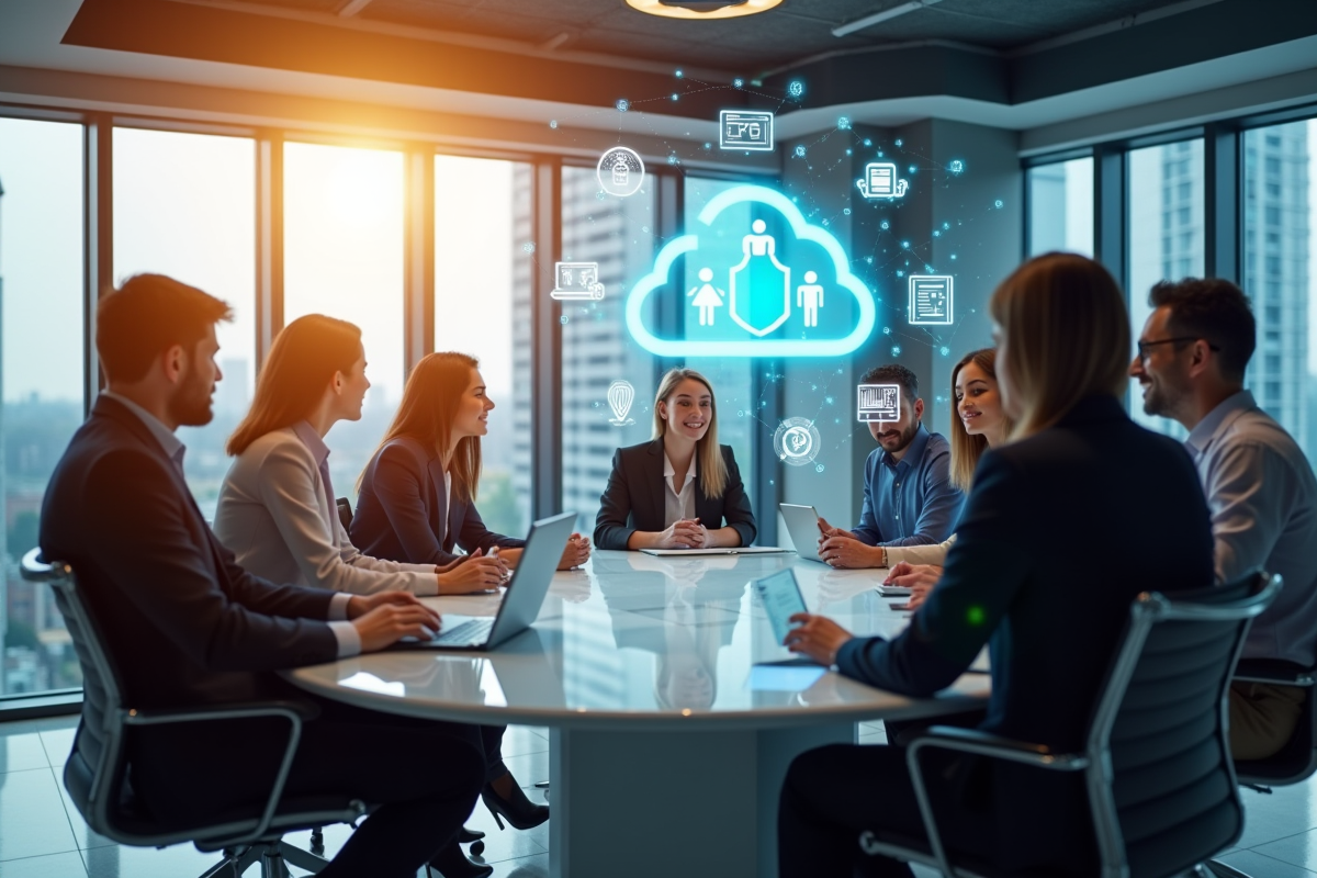 Professionnels analysant icons de securite cloud en réunion