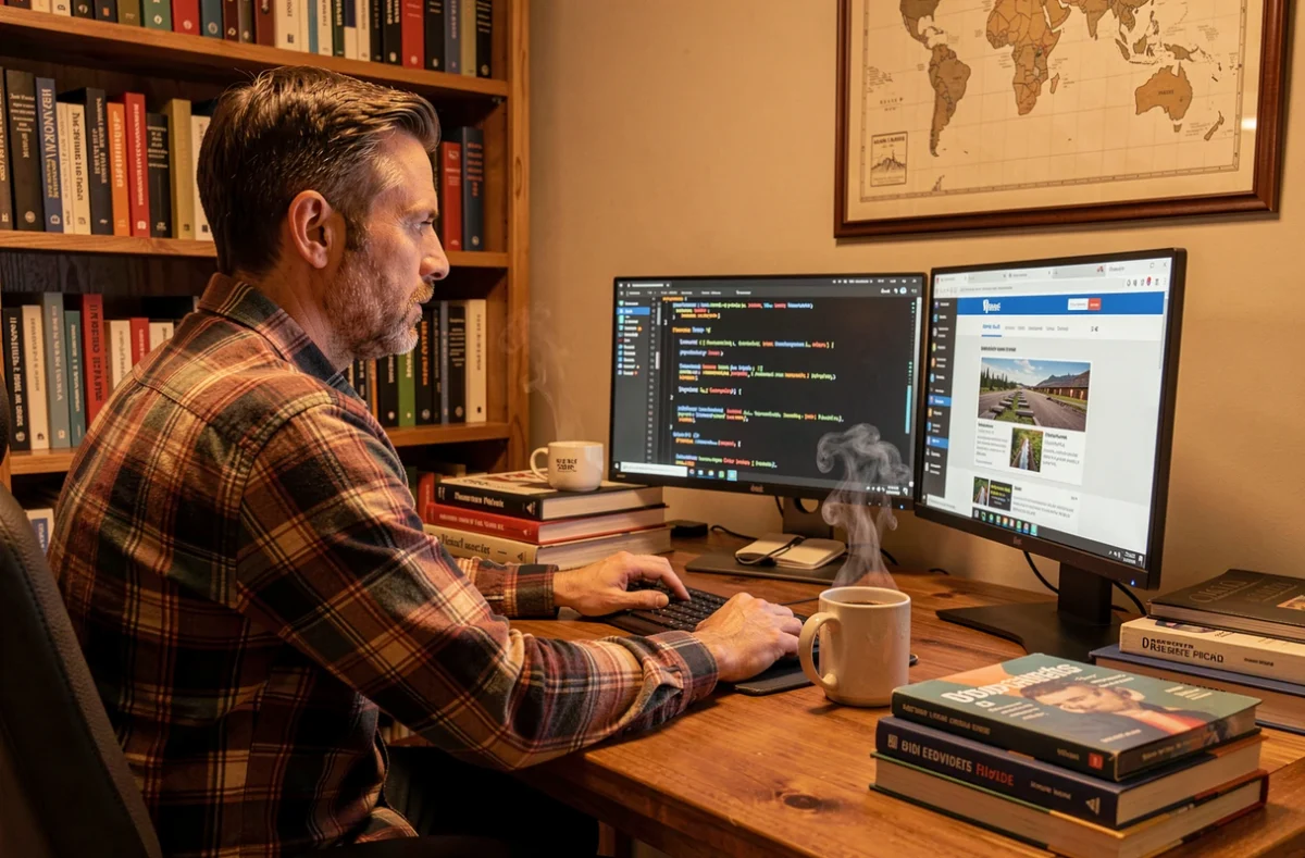 Développeur freelance Eric Tison codant un site WordPress dans son bureau à domicile confortable entouré de livres techniques et d'un café