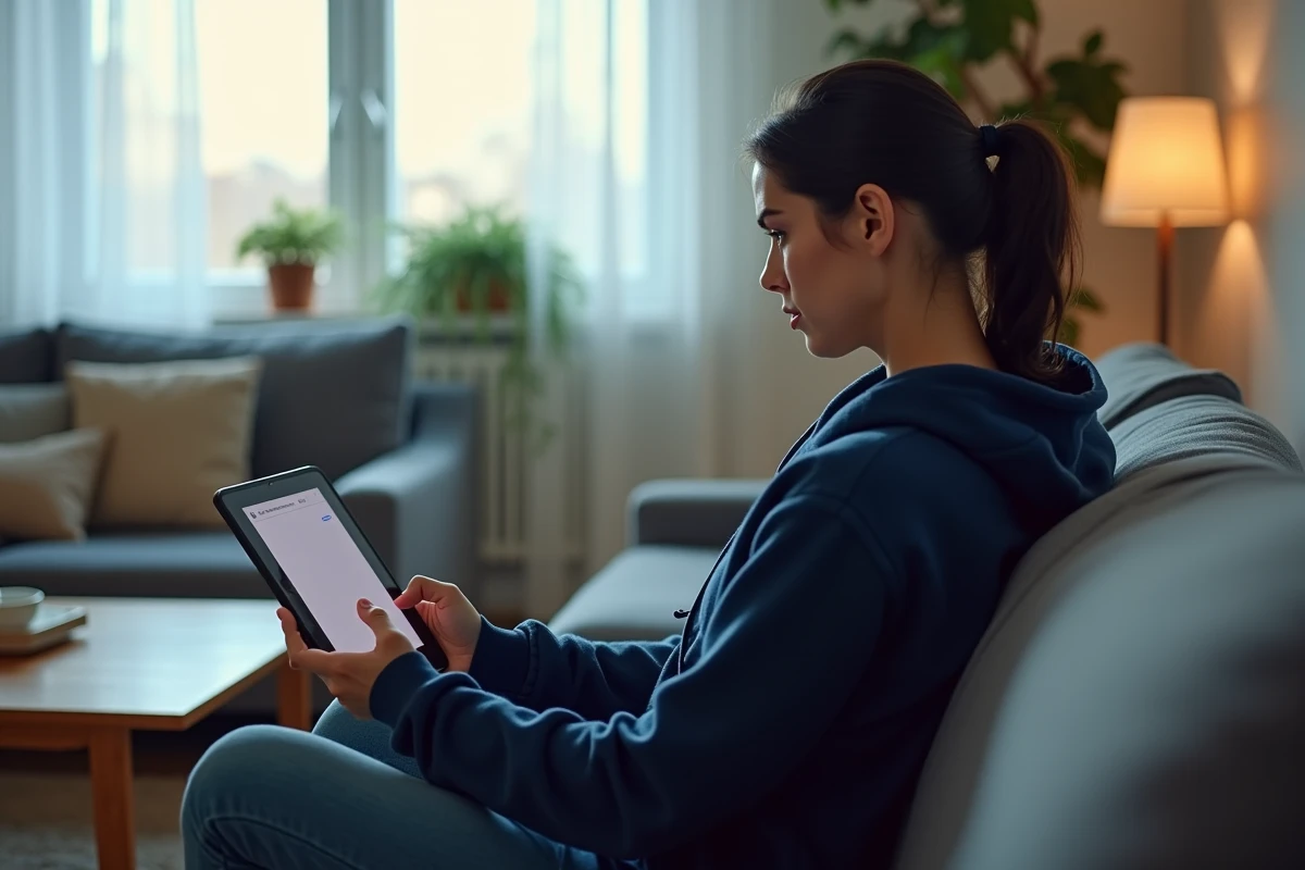Femme regardant une tablette avec une erreur de streaming vidéo sur le canapé