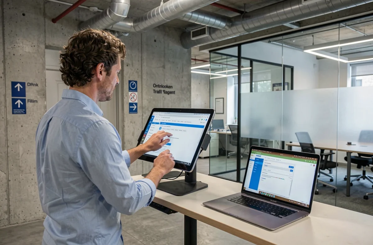 Jeune chercheur debout comparant les interfaces Outlook Web et la messagerie INRAE sur tablette et ordinateur dans un espace de travail collaboratif