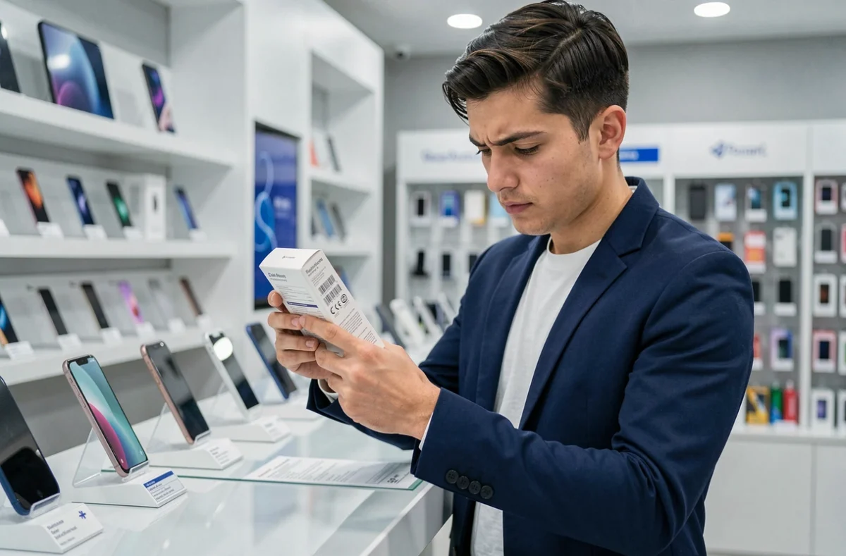 Jeune étudiant examinant la boîte d'un smartphone entrée de gamme dans un magasin d'électronique
