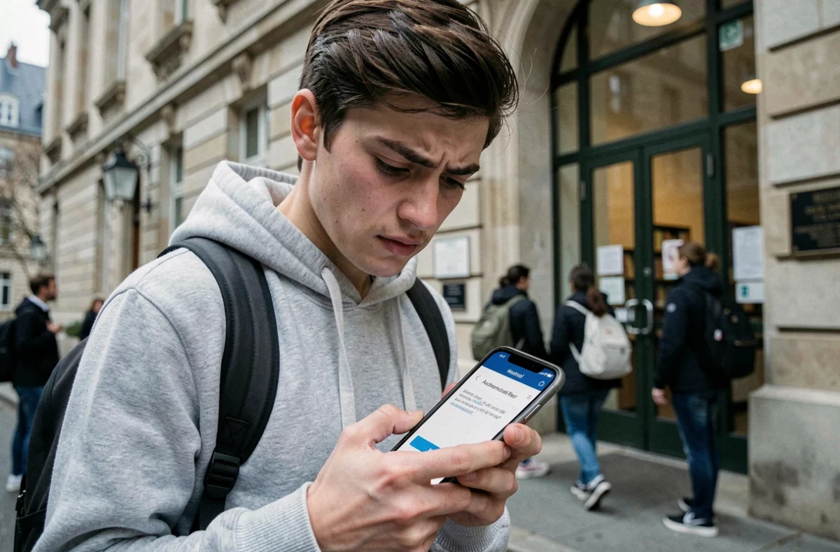 Étudiant consultant une erreur d'authentification sur le webmail AC Normandie depuis son smartphone devant une université