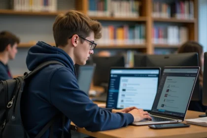 Étudiant masculin utilisant le portail eservice ESIGELEC sur un ordinateur portable en salle informatique universitaire