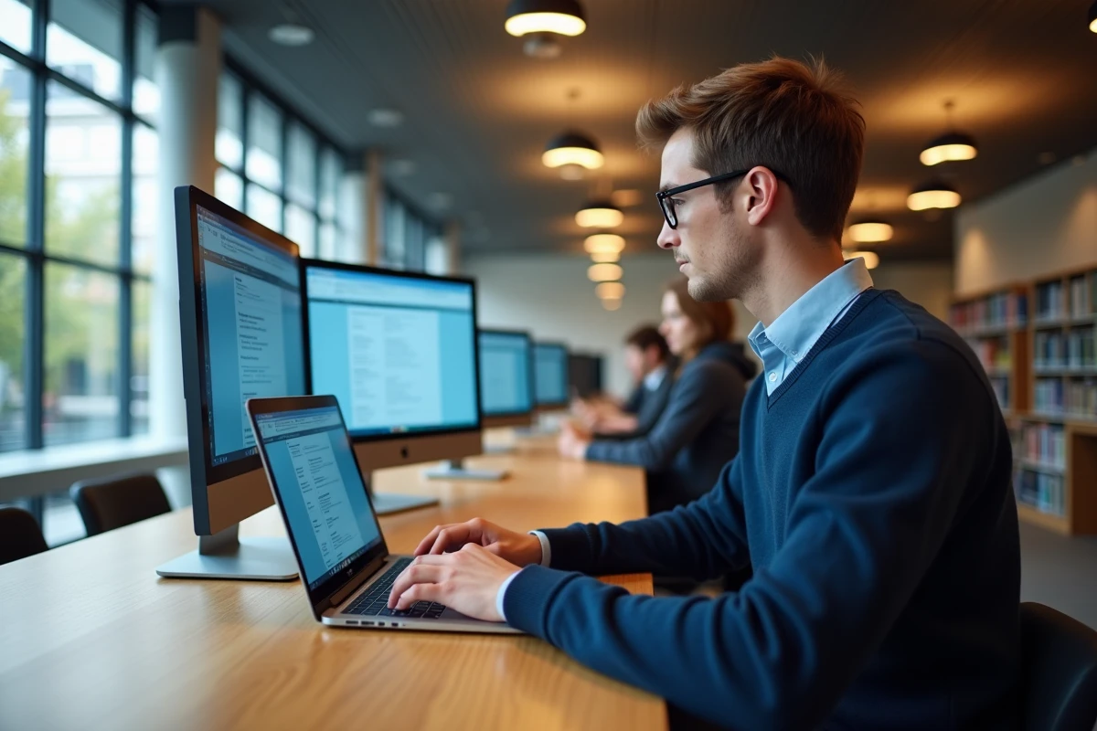 Étudiant connecté à l'intranet Lyon 3 dans une bibliothèque universitaire moderne