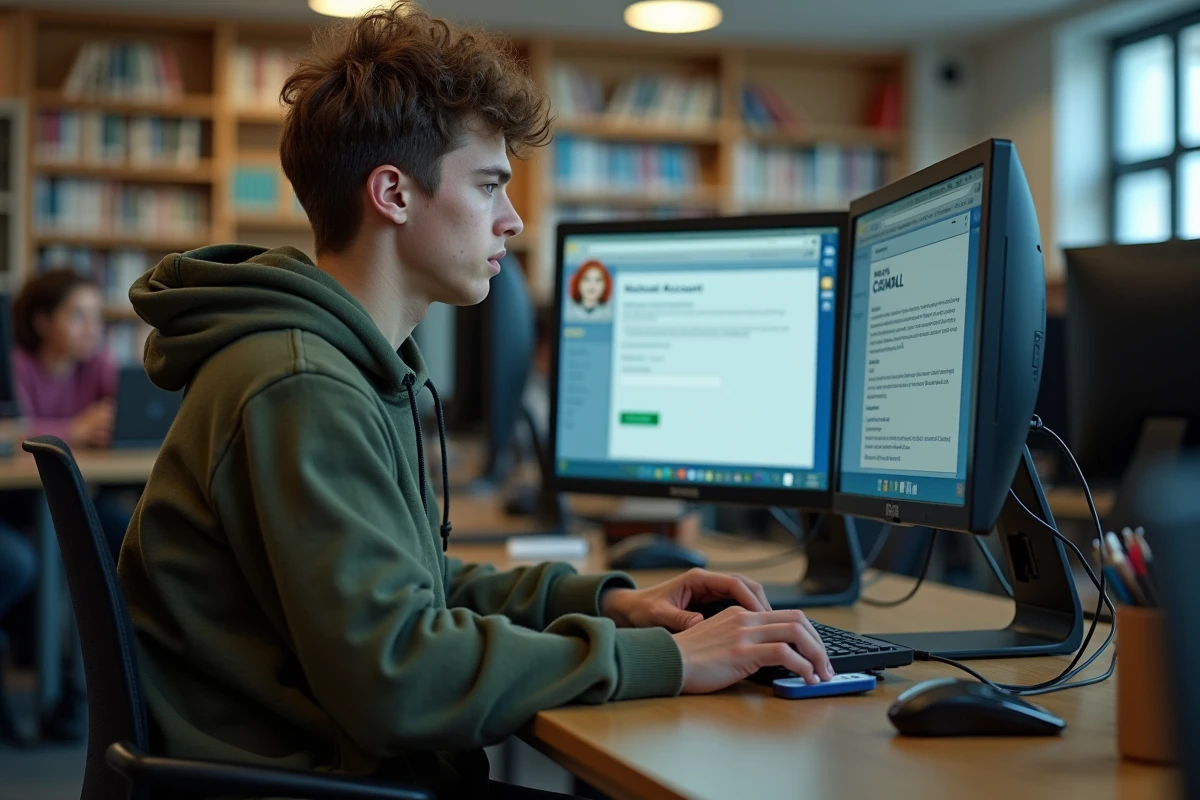 Étudiant récupérant l'accès à son webmail académique dans une bibliothèque universitaire