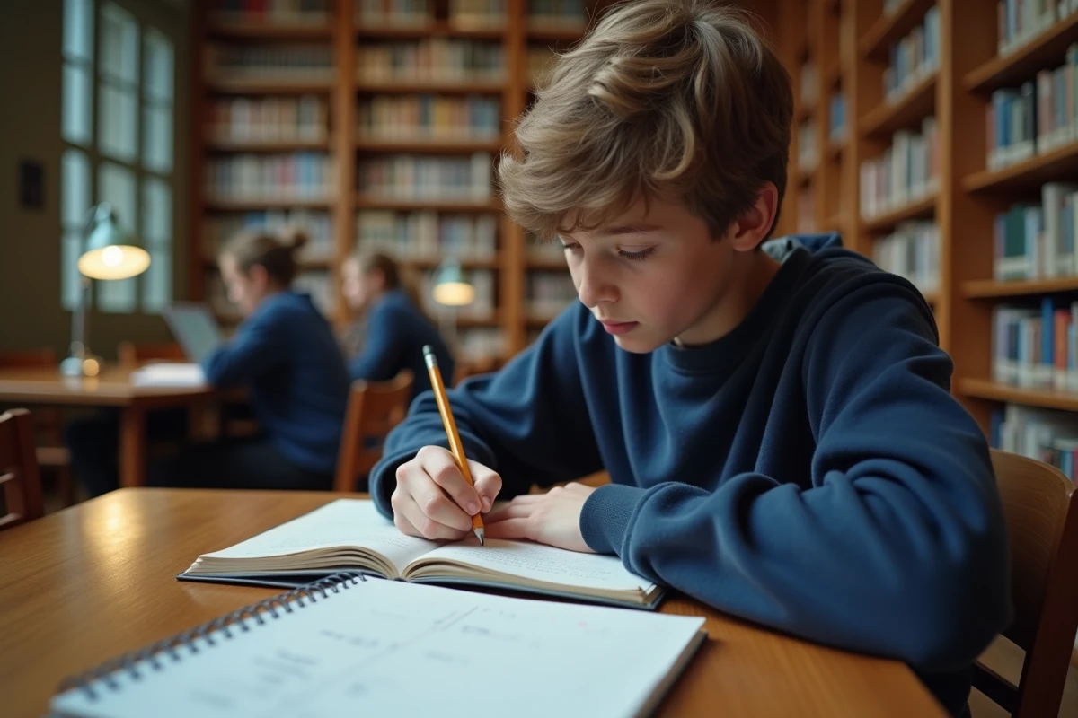 Étudiant prenant des notes sur le code HTML dans une bibliothèque avec un guide imprimé pour débutants