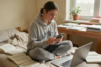 Étudiante comparant des téléphones rapport qualité prix sur son smartphone dans sa chambre de cité universitaire