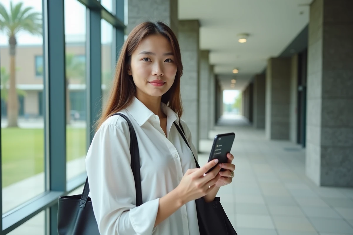 Étudiante consultant les services en ligne ESIGELEC sur son smartphone dans un couloir universitaire moderne