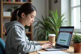 Étudiante en télétravail sur l'intranet de l'université Lyon 3 depuis son appartement