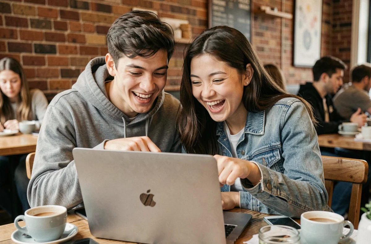 Deux étudiants hilares dans un café découvrant ensemble les easter eggs secrets du moteur de recherche Google