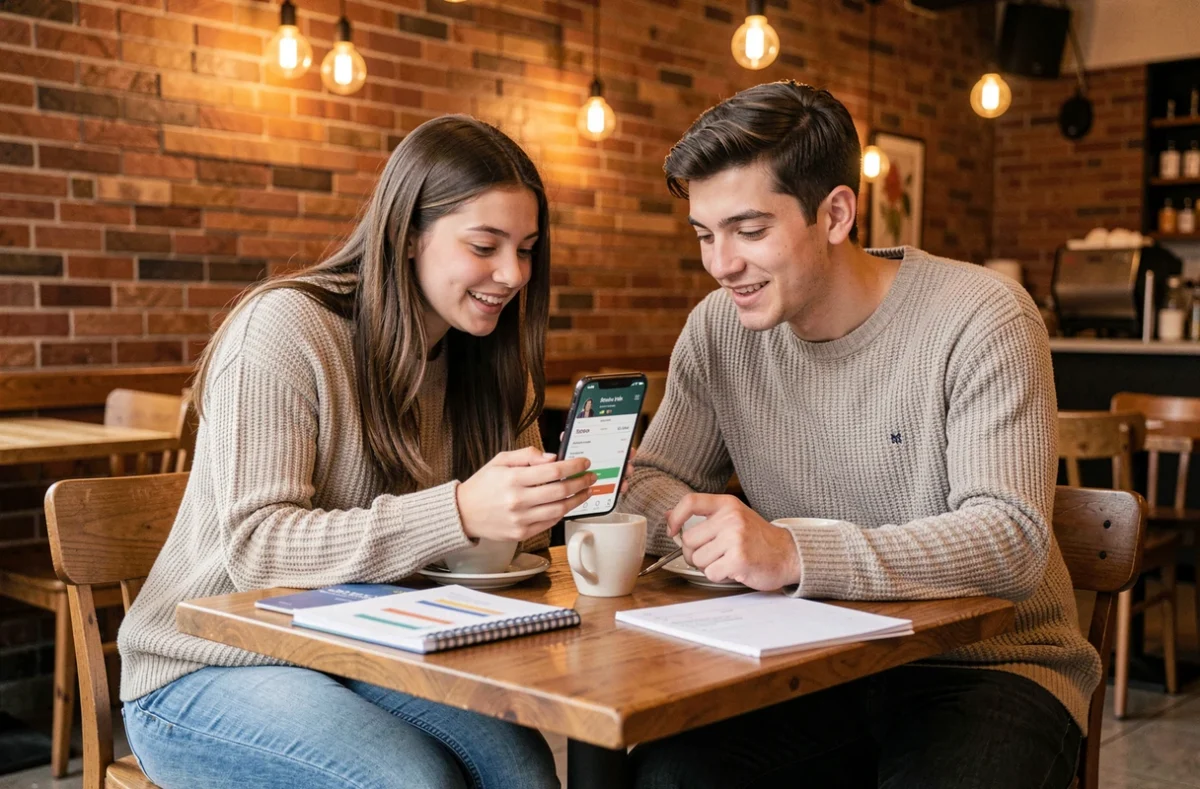 Deux étudiants comparant des offres de téléphones pas chers dans un café en consultant un site de comparaison
