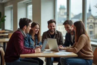 Groupe d'étudiants à Grenoble autour d'un ordinateur