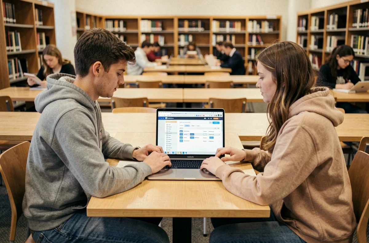 Deux étudiants organisent leurs dossiers de messagerie académique webmail Grenoble à la bibliothèque universitaire