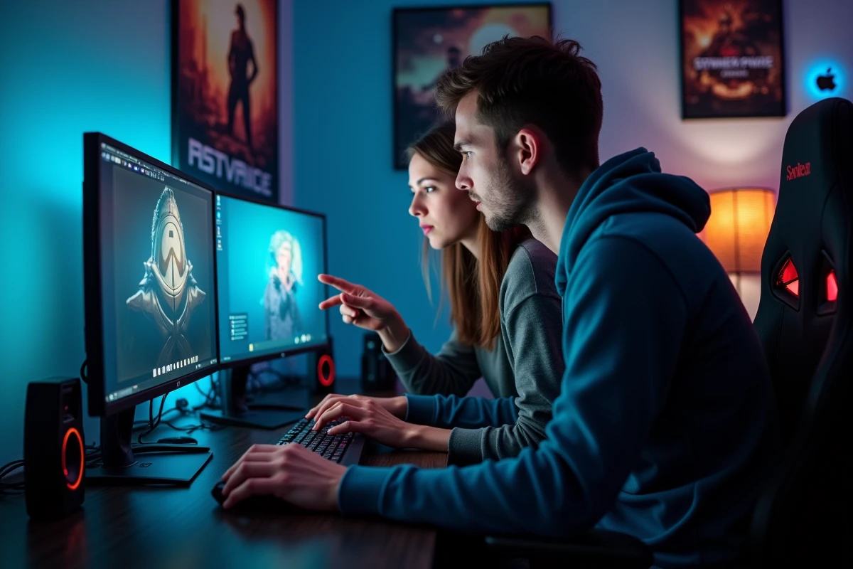 Deux personnes évaluant ensemble la fiabilité de plateformes de vente de jeux en ligne