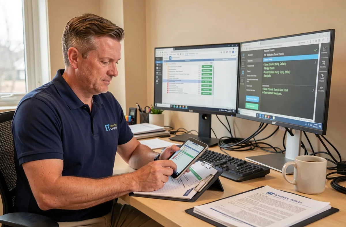 Consultant IT Expertis IT vérifiant une liste de conformité de sécurité sur tablette dans un bureau technique organisé