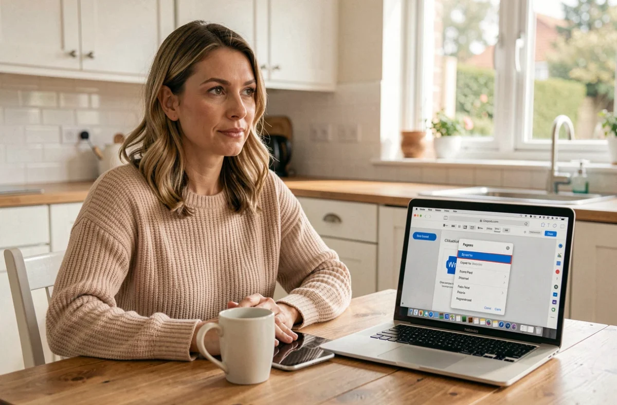 Femme utilisant l'export natif depuis iCloud.com Pages pour convertir directement un fichier en Word sans outil tiers
