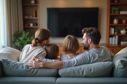 Famille de quatre regardant la télévision dans un salon moderne