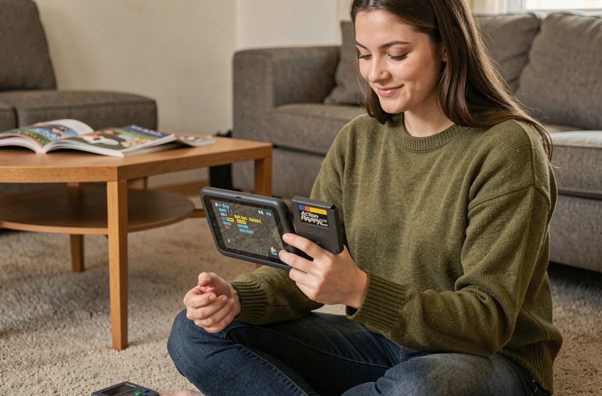 Jeune femme utilisant un adaptateur Action Replay avec une Game Boy Advance SP pour entrer des codes sur Pokémon Émeraude