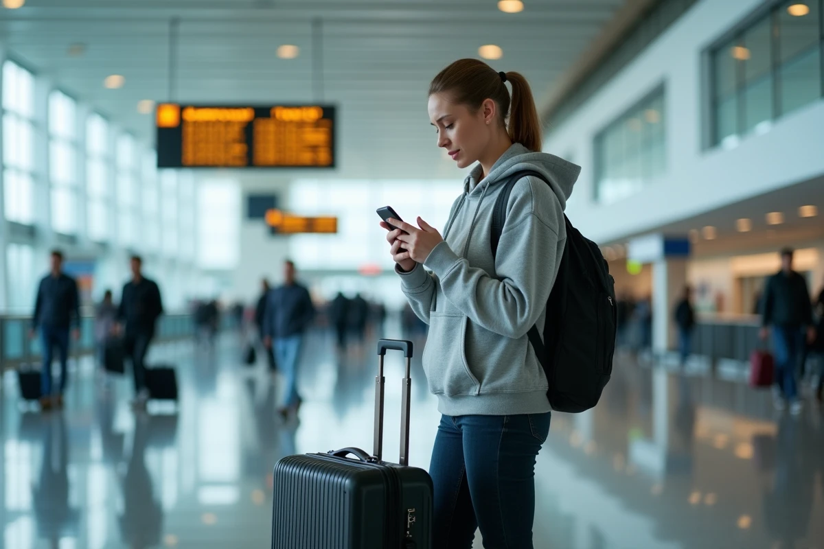 Femme dans un aéroport international consultant son compte mobile français sur téléphone en voyage à l'étranger