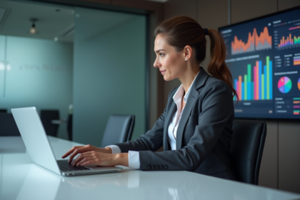 Femme d affaires en réunion avec graphiques dynamiques