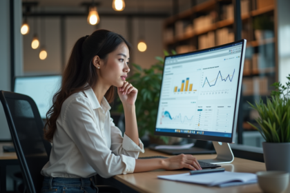 Jeune femme analysant des données sur un grand écran au bureau