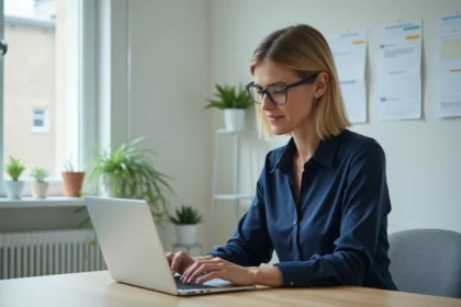 Femme au bureau vérifiant ses emails sur un ordinateur