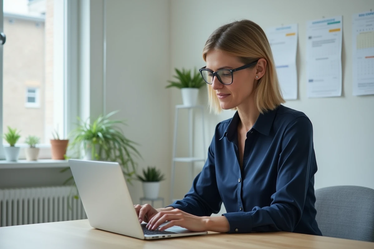 Femme au bureau vérifiant ses emails sur un ordinateur