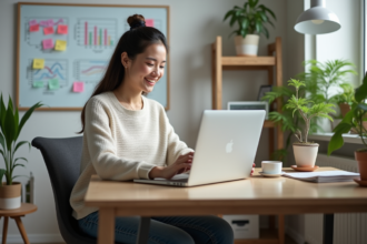 Jeune femme au bureau examine des graphiques de site web