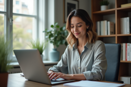 Femme en bureau moderne travaillant sur son ordinateur