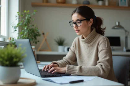 Jeune femme professionnelle tapant sur un clavier dans un bureau moderne