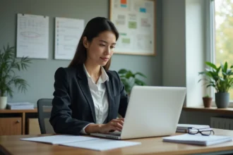 Femme en bureau organisant ses emails dans un environnement professionnel