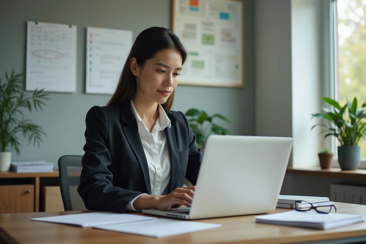 Femme en bureau organisant ses emails dans un environnement professionnel