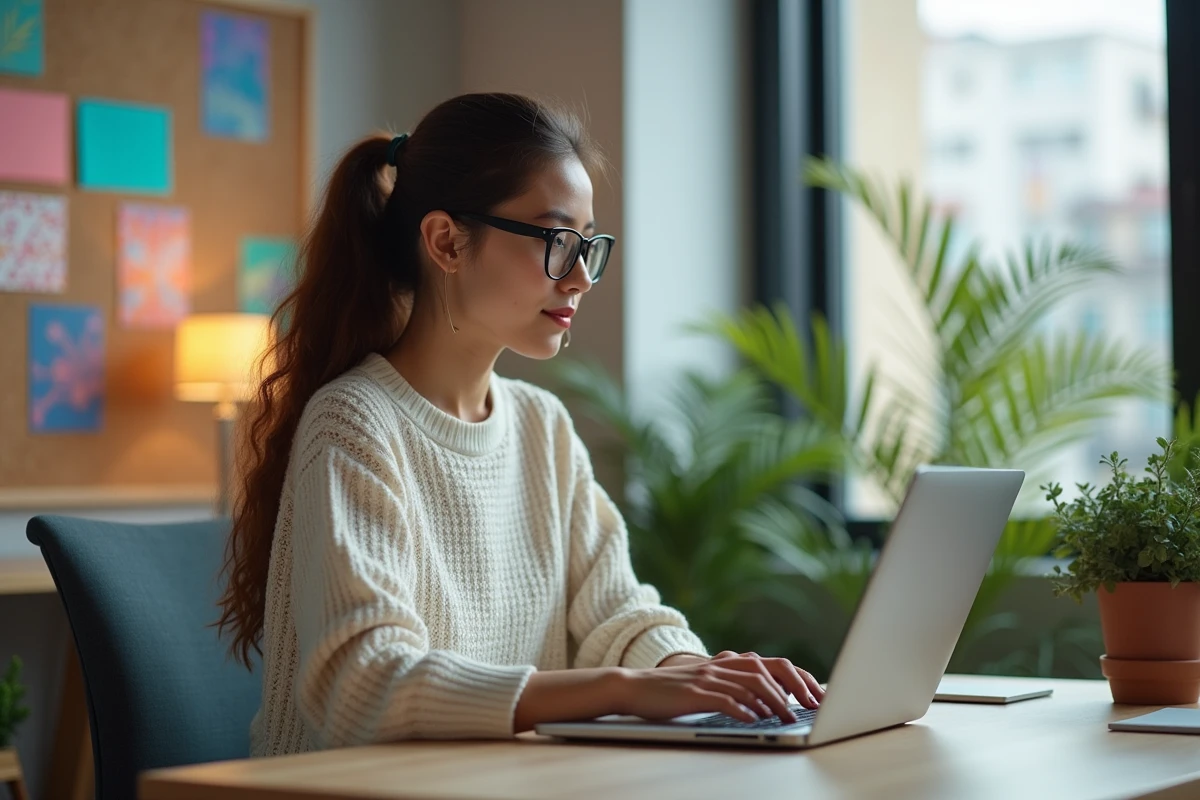 Femme concentrée sur son ordinateur avec affiches Facebook derrière