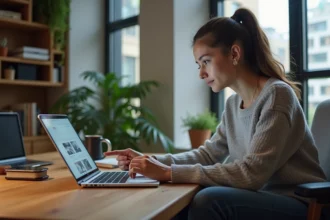 Jeune femme lisant un webzine sur tablette dans un bureau moderne