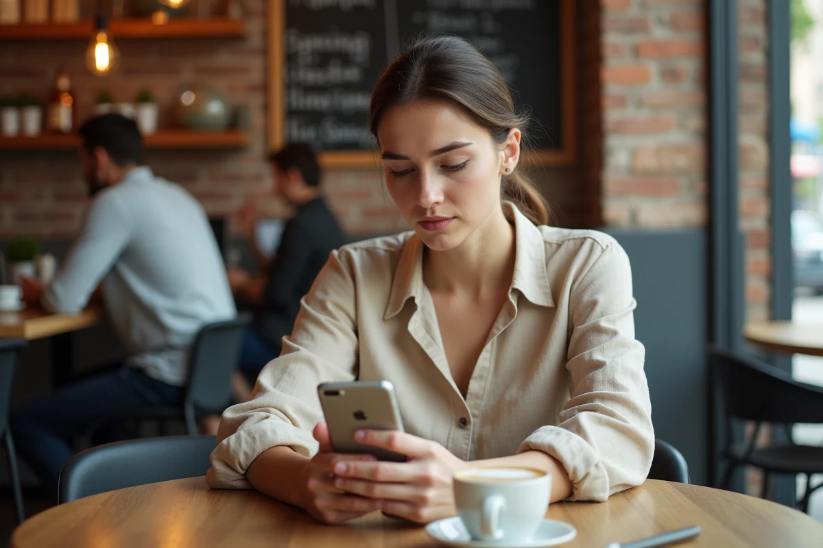 Femme dans un café regardant une notification Gmail non lue sur son smartphone avec une expression perplexe