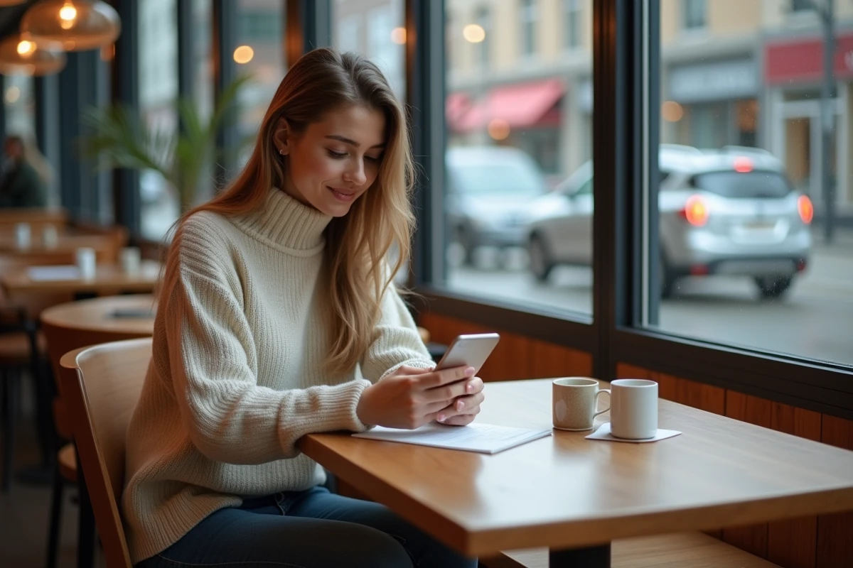 Jeune femme au café vérifiant ses emails avec soulagement