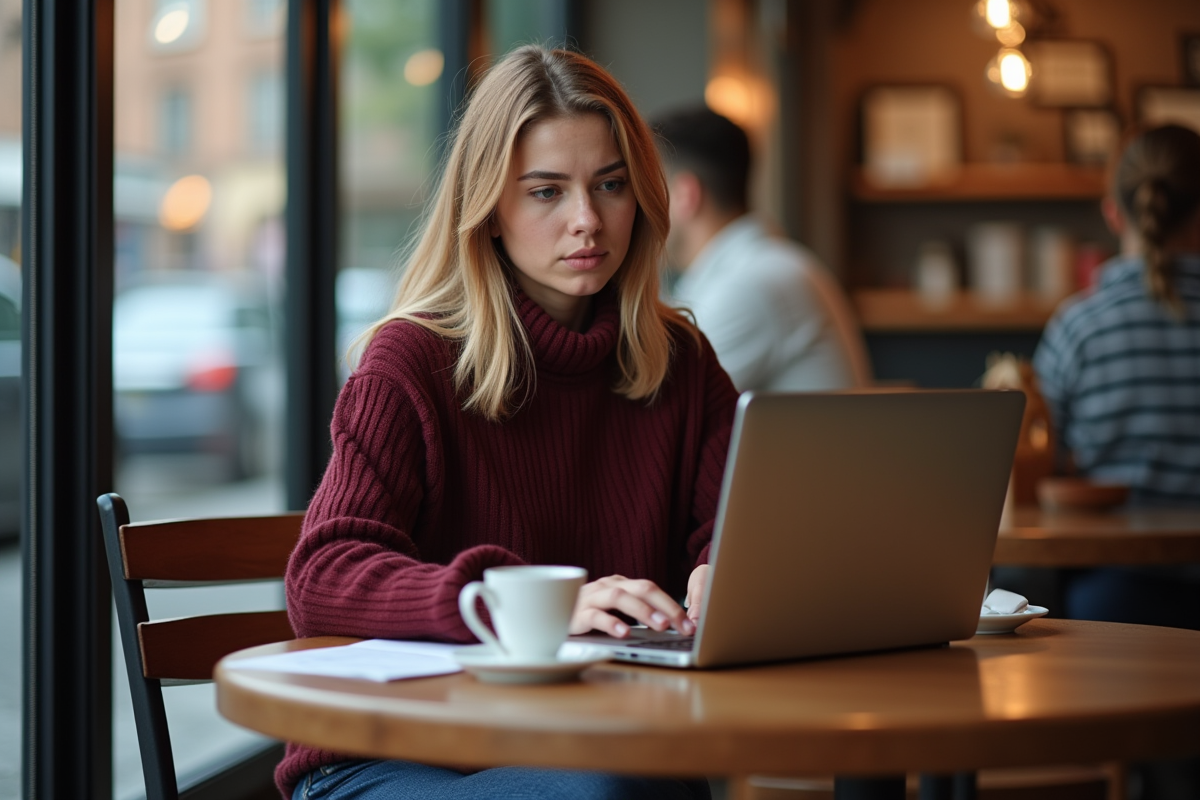 Femme assise au café en train de taper sur son ordinateur