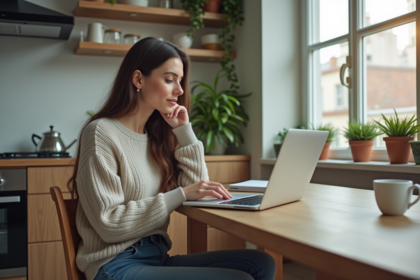 Femme décontractée dans sa cuisine moderne en train de naviguer sur son ordinateur