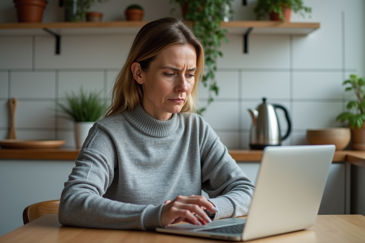 Femme d age moyen sur un ordinateur portable dans une cuisine chaleureuse