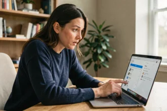 Femme consultant son historique d'activité Google sur un ordinateur portable dans un bureau à domicile moderne