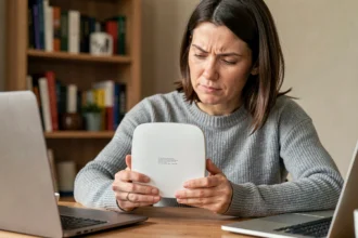 Femme consultant l'étiquette au dos d'un routeur Wi-Fi pour retrouver le mot de passe réseau