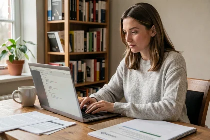 Femme adulte apprenant l'informatique débutant avec des cours PDF imprimés et un ordinateur portable sur un bureau en bois